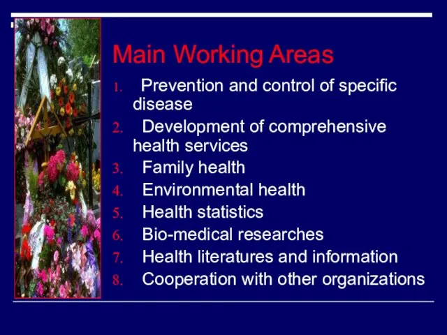 Main Working Areas Prevention and control of specific disease Development of