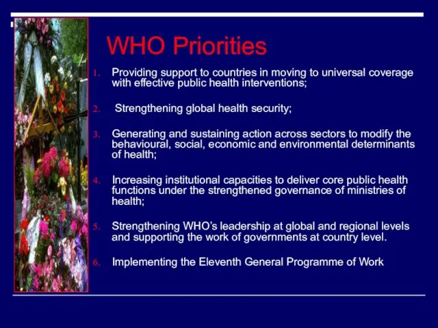 WHO Priorities Providing support to countries in moving to universal coverage