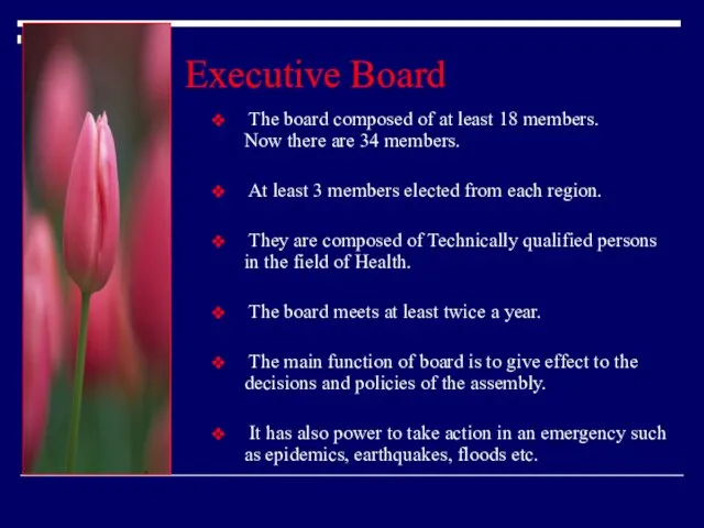 Executive Board The board composed of at least 18 members. Now