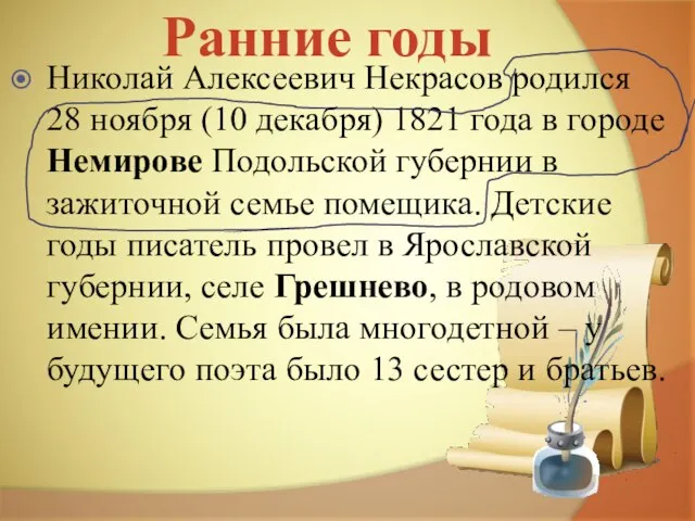 Николай Алексеевич Некрасов родился 28 ноября (10 декабря) 1821 года в