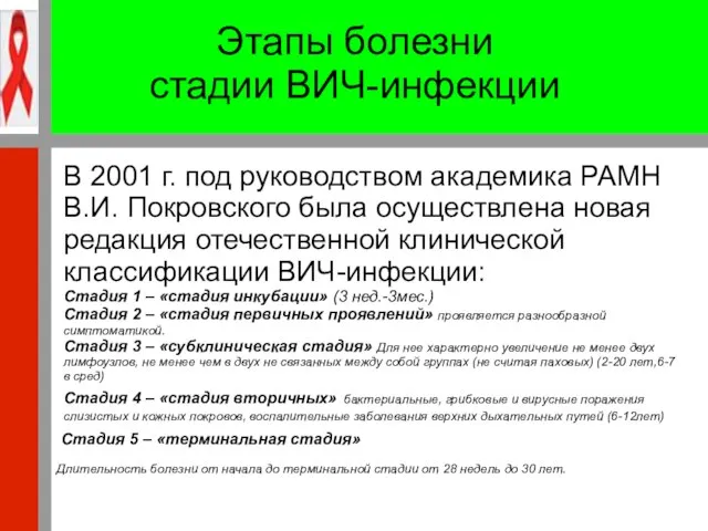 Этапы болезни стадии ВИЧ-инфекции В 2001 г. под руководством академика РАМН