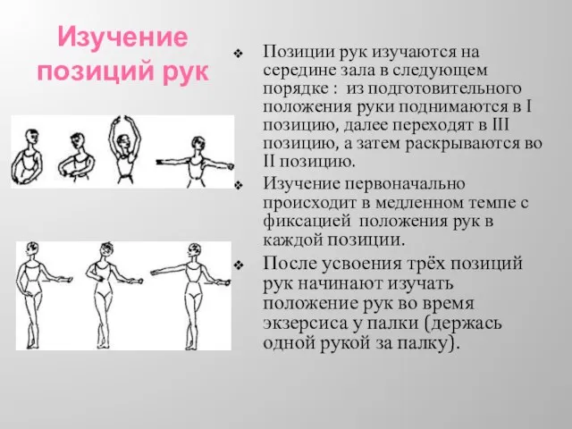 Изучение позиций рук Позиции рук изучаются на середине зала в следующем