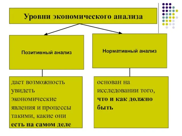 Уровни экономического анализа Позитивный анализ Нормативный анализ дает возможность увидеть экономические