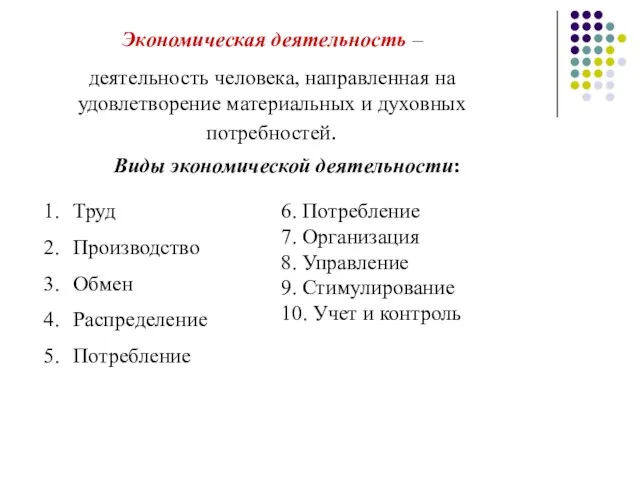 Виды экономической деятельности: Труд Производство Обмен Распределение Потребление Экономическая деятельность –