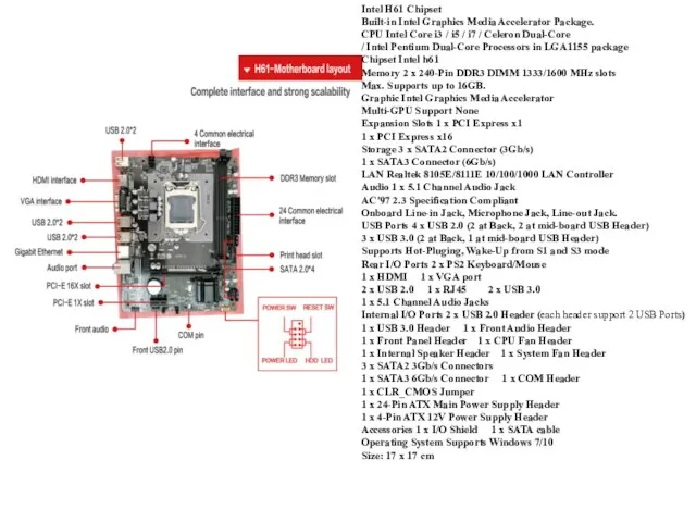 Intel H61 Chipset Built-in Intel Graphics Media Accelerator Package. CPU Intel