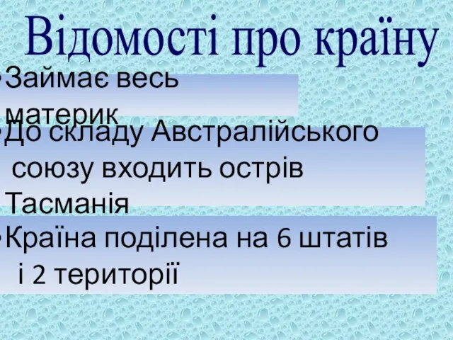 Відомості про країну Займає весь материк До складу Австралійського союзу входить