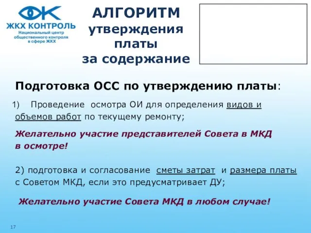 АЛГОРИТМ утверждения платы за содержание Подготовка ОСС по утверждению платы: Проведение