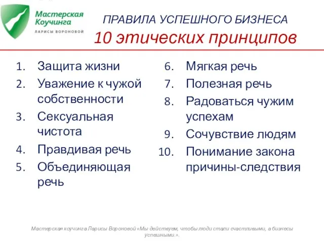 ПРАВИЛА УСПЕШНОГО БИЗНЕСА 10 этических принципов Защита жизни Уважение к чужой