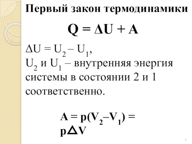 Первый закон термодинамики Q = ΔU + A ΔU = U2