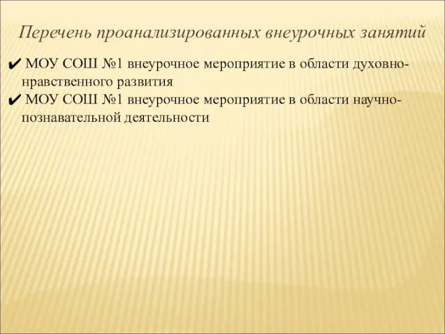 Перечень проанализированных внеурочных занятий МОУ СОШ №1 внеурочное мероприятие в области