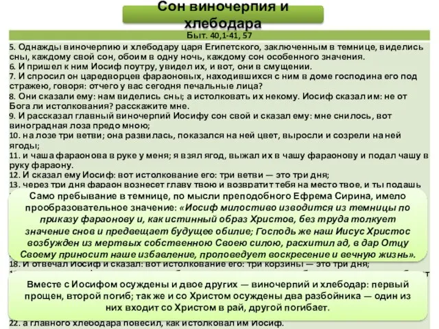 Сон виночерпия и хлебодара Вместе с Иосифом осуждены и двое других