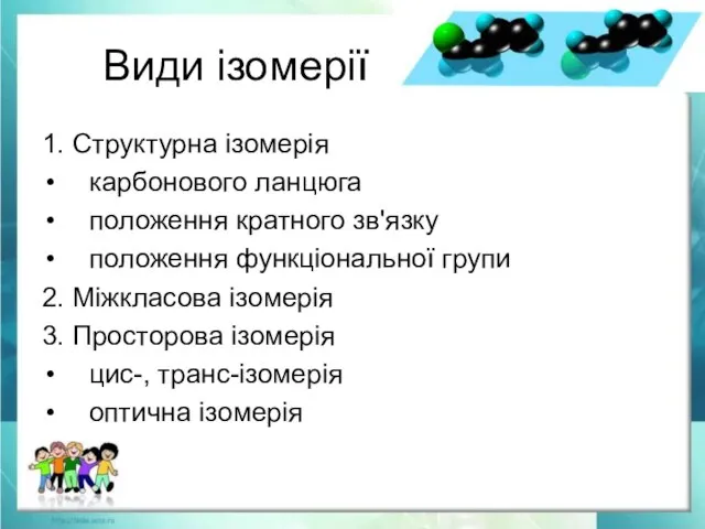 Види ізомерії 1. Структурна ізомерія карбонового ланцюга положення кратного зв'язку положення