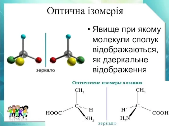 Оптична ізомерія Явище при якому молекули сполук відображаються, як дзеркальне відображення