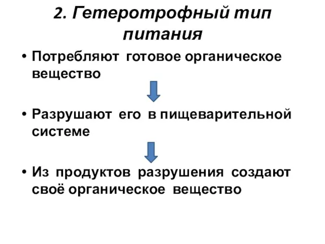 2. Гетеротрофный тип питания Потребляют готовое органическое вещество Разрушают его в