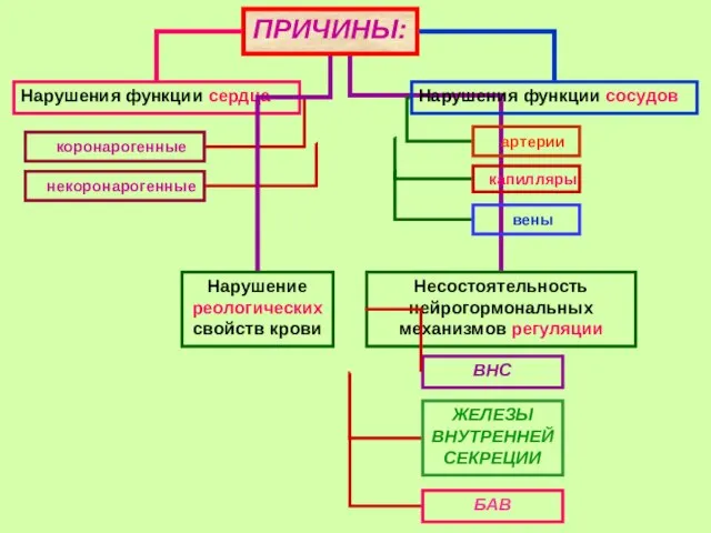 ПРИЧИНЫ: Нарушения функции сосудов Нарушение реологических свойств крови Несостоятельность нейрогормональных механизмов