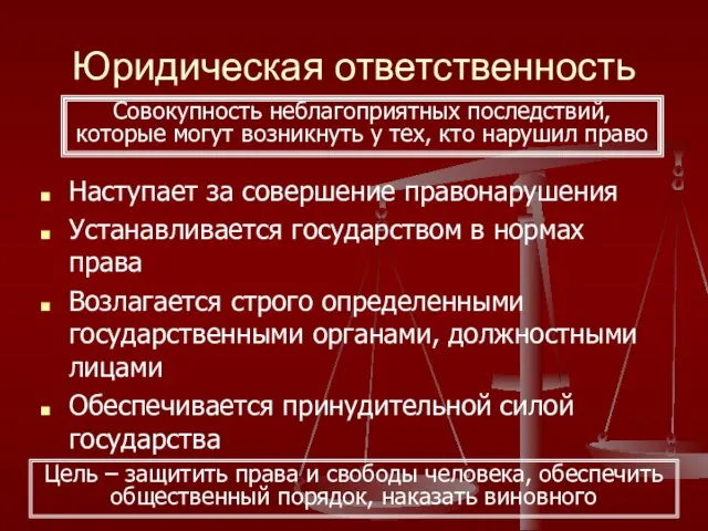 Юридическая ответственность Наступает за совершение правонарушения Устанавливается государством в нормах права