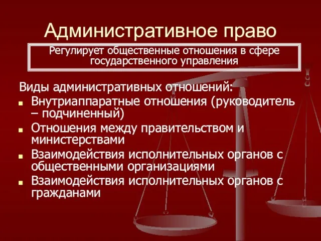 Административное право Виды административных отношений: Внутриаппаратные отношения (руководитель – подчиненный) Отношения