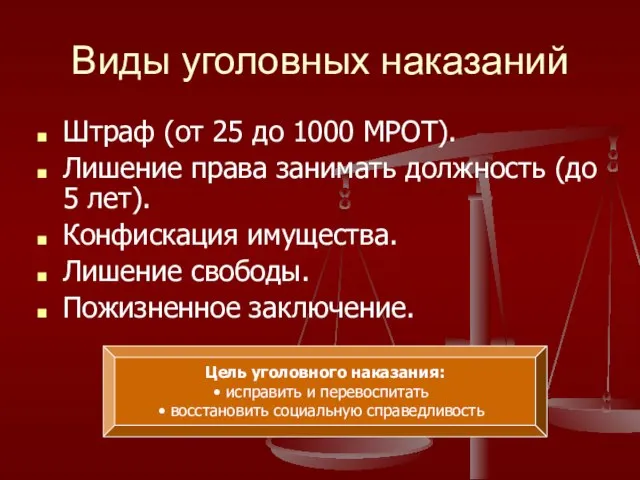 Виды уголовных наказаний Штраф (от 25 до 1000 МРОТ). Лишение права