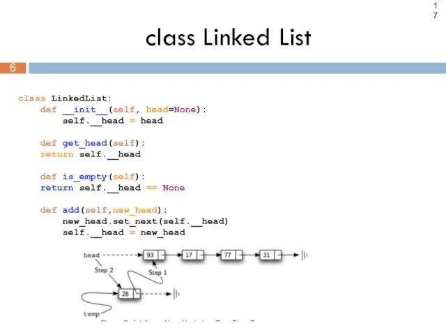 class Linked List 17 class LinkedList: def __init__(self, head=None): self.__head =