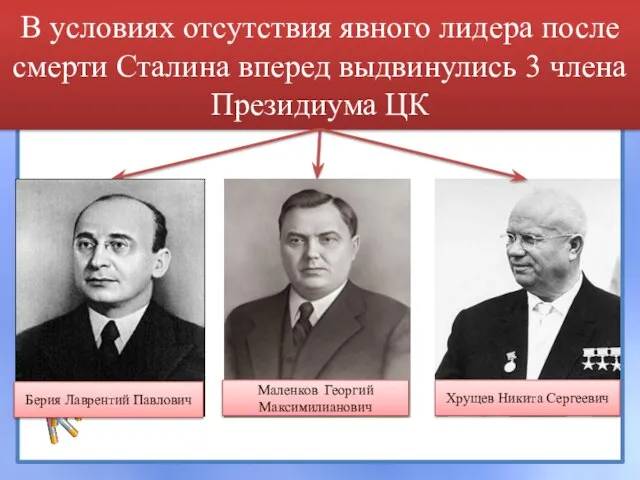 В условиях отсутствия явного лидера после смерти Сталина вперед выдвинулись 3