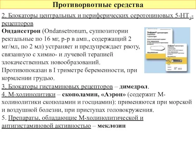 Противорвотные средства 2. Блокаторы центральных и периферических серотониновых 5-HT3-рецепторов Ондансетрон (Ondansetronum,