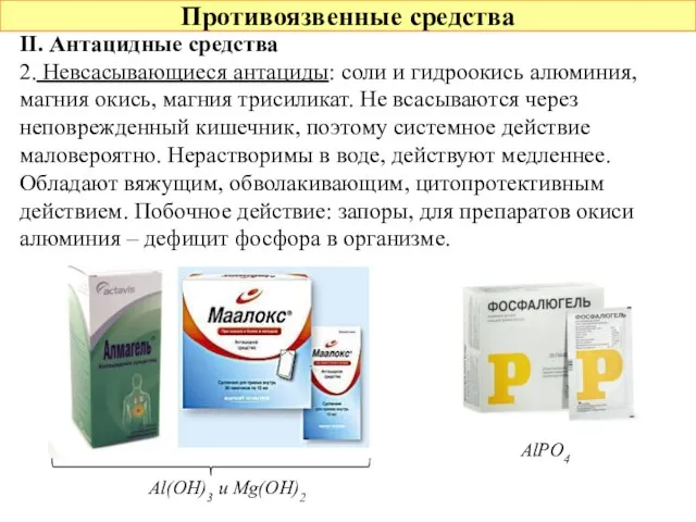 Противоязвенные средства II. Антацидные средства 2. Невсасывающиеся антациды: соли и гидроокись