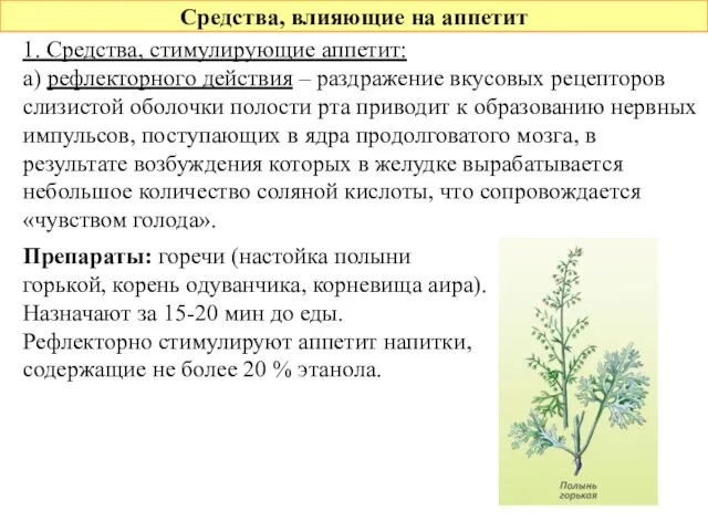 Средства, влияющие на аппетит 1. Средства, стимулирующие аппетит: а) рефлекторного действия