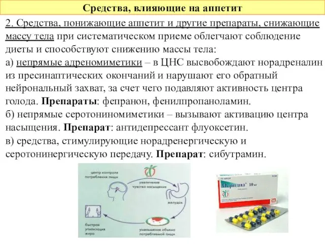 Средства, влияющие на аппетит 2. Средства, понижающие аппетит и другие препараты,