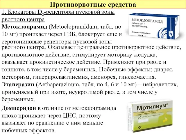 Противорвотные средства 1. Блокаторы D2-рецепторы пусковой зоны рвотного центра Метоклопрамид (Metoclopramidum,