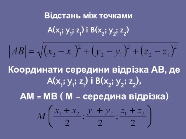 Відстань між точками A(x1; y1; z1) i B(x2; y2; z2) Координати
