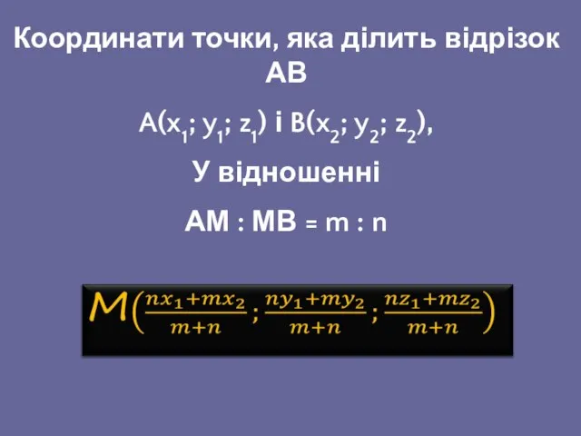 Координати точки, яка ділить відрізок АВ A(x1; y1; z1) і B(x2;