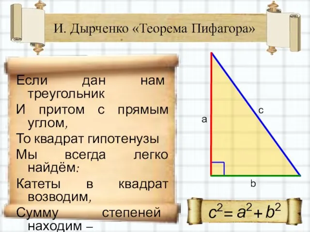 И. Дырченко «Теорема Пифагора» Если дан нам треугольник И притом с