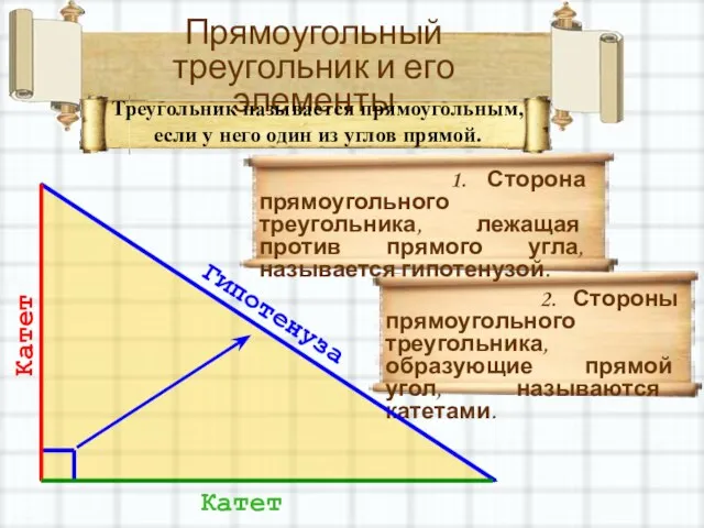 Прямоугольный треугольник и его элементы Треугольник называется прямоугольным, если у него