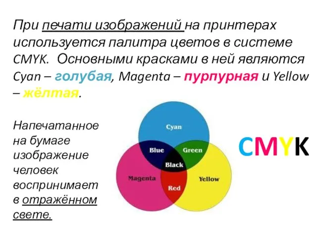 При печати изображений на принтерах используется палитра цветов в системе CMYK.