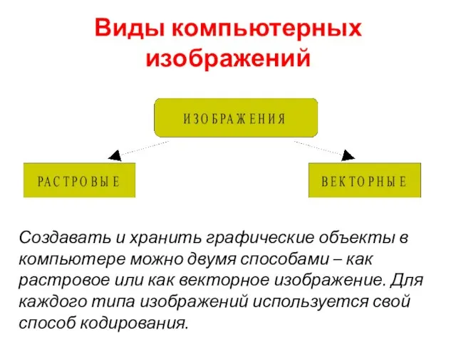 Виды компьютерных изображений Создавать и хранить графические объекты в компьютере можно