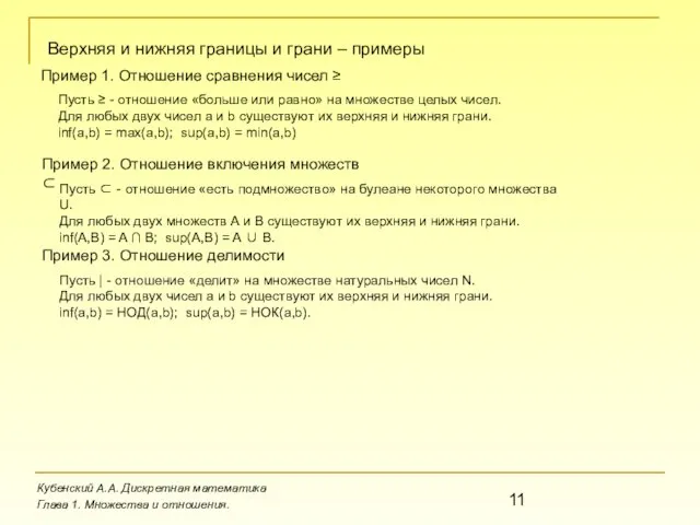 Верхняя и нижняя границы и грани – примеры Кубенский А.А. Дискретная