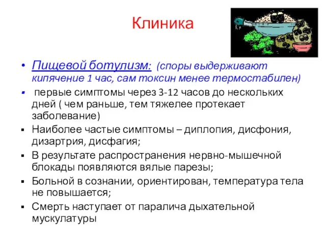 Клиника Пищевой ботулизм: (споры выдерживают кипячение 1 час, сам токсин менее