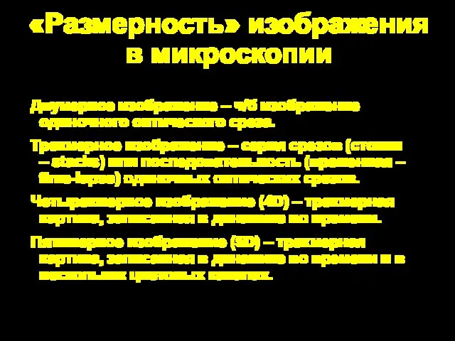 «Размерность» изображения в микроскопии Двумерное изображение – ч/б изображение одиночного оптического