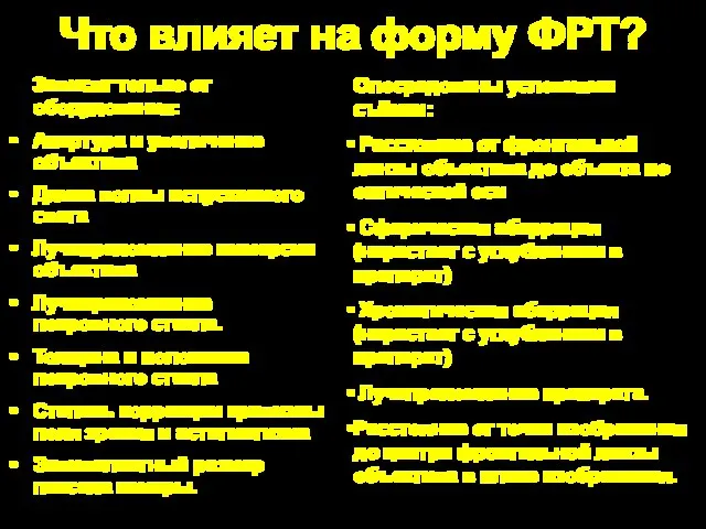 Что влияет на форму ФРТ? Зависят только от оборудования: Апертура и