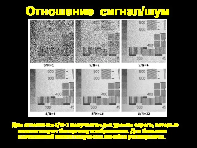 Отношение сигнал/шум Для отношения S/N=1 получается два уровня серого, которые соответствуют