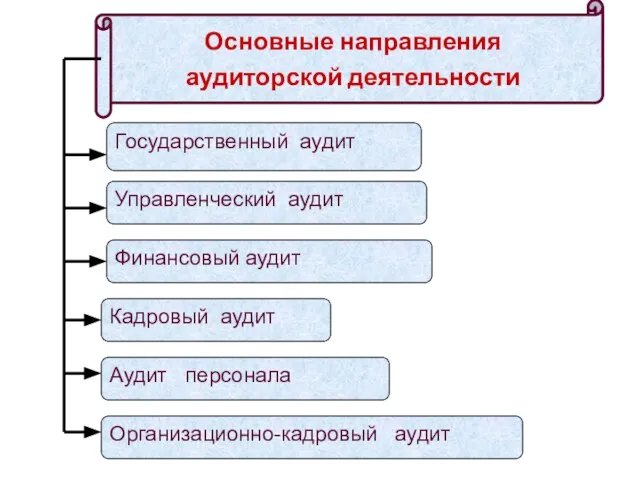 Основные направления аудиторской деятельности Государственный аудит Финансовый аудит Аудит персонала Организационно-кадровый аудит Управленческий аудит Кадровый аудит