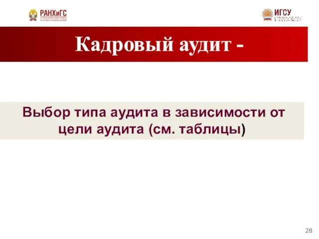 Кадровый аудит - Выбор типа аудита в зависимости от цели аудита (см. таблицы)