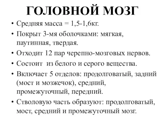 ГОЛОВНОЙ МОЗГ Средняя масса = 1,5-1,6кг. Покрыт 3-мя оболочками: мягкая, паутинная,