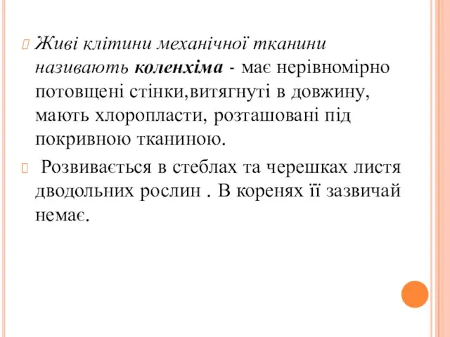 Живі клітини механічної тканини називають коленхіма - має нерівномірно потовщені стінки,витягнуті