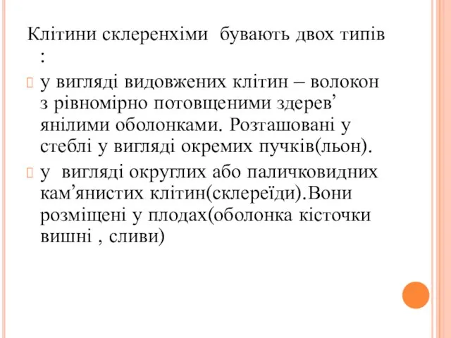 Клітини склеренхіми бувають двох типів : у вигляді видовжених клітин –