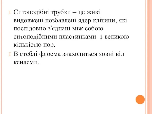 Ситоподібні трубки – це живі видовжені позбавлені ядер клітини, які послідовно