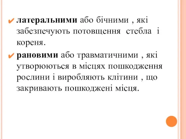 латеральними або бічними , які забезпечують потовщення стебла і кореня. рановими