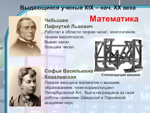 Математика Чебышев Пафнутий Львович Работал в области теории чисел, многочленов, теории