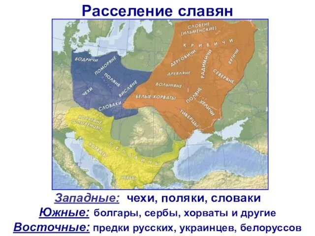 Расселение славян СЛАВЯНСКИЕ ПЛЕМЕНА: Западные: чехи, поляки, словаки Южные: болгары, сербы,