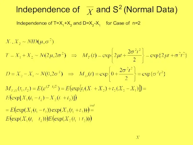 Independence of and S2 (Normal Data) Independence of T=X1+X2 and D=X2-X1 for Case of n=2